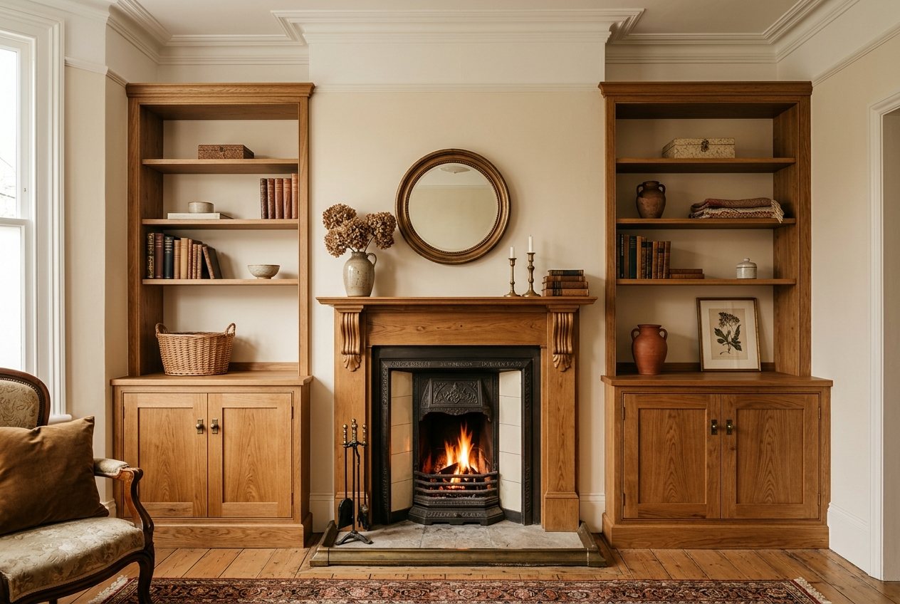 Bespoke alcove storage cupboards flanking a fireplace, custom oak shelving, MS Carpentry, Drogheda