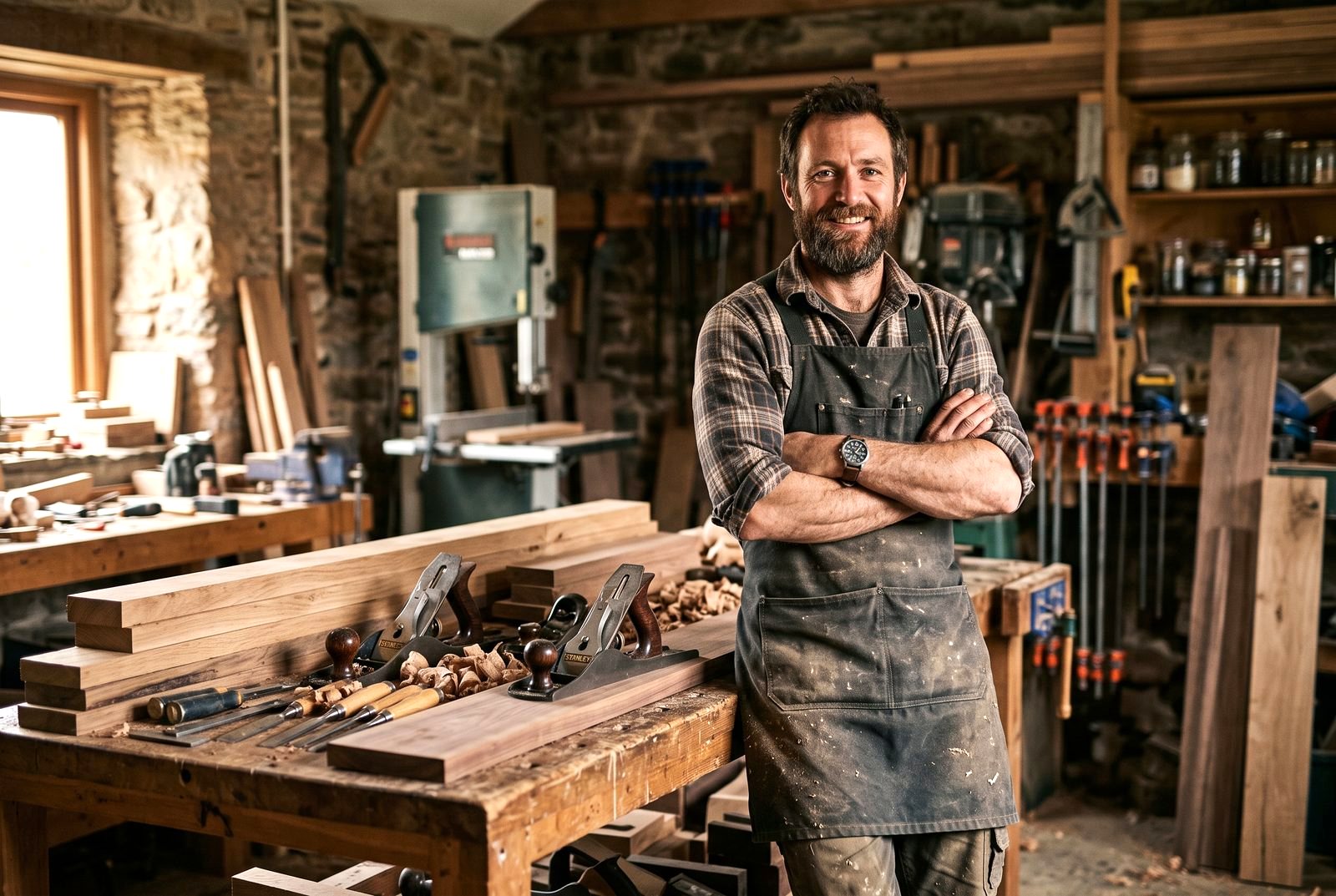 Carpenter in his workshop beside a workbench, MS Carpentry, Drogheda, Co. Louth