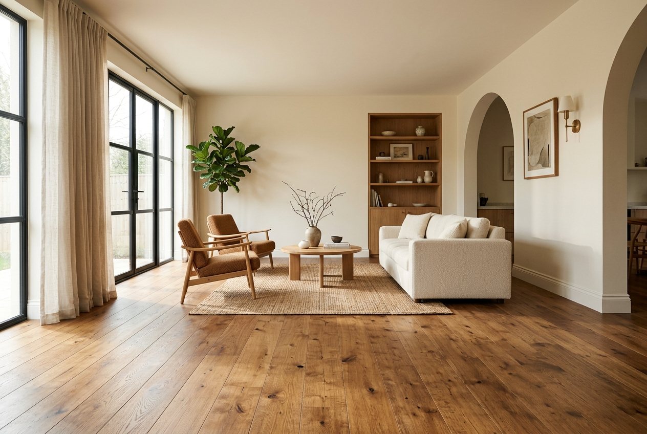 Engineered oak wood flooring fitted in a bright living room, MS Carpentry, Drogheda