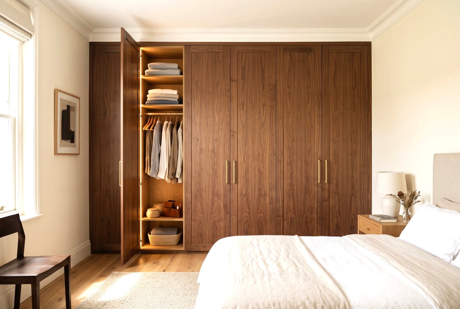 Floor-to-ceiling fitted wardrobes in walnut with illuminated interior, Drogheda, Co. Louth