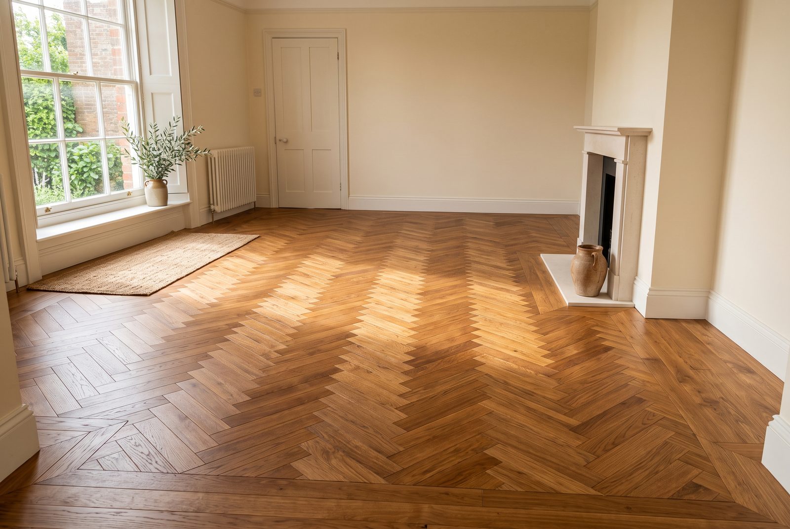 Solid oak herringbone wood flooring fitted in a living room in Drogheda, Co. Louth