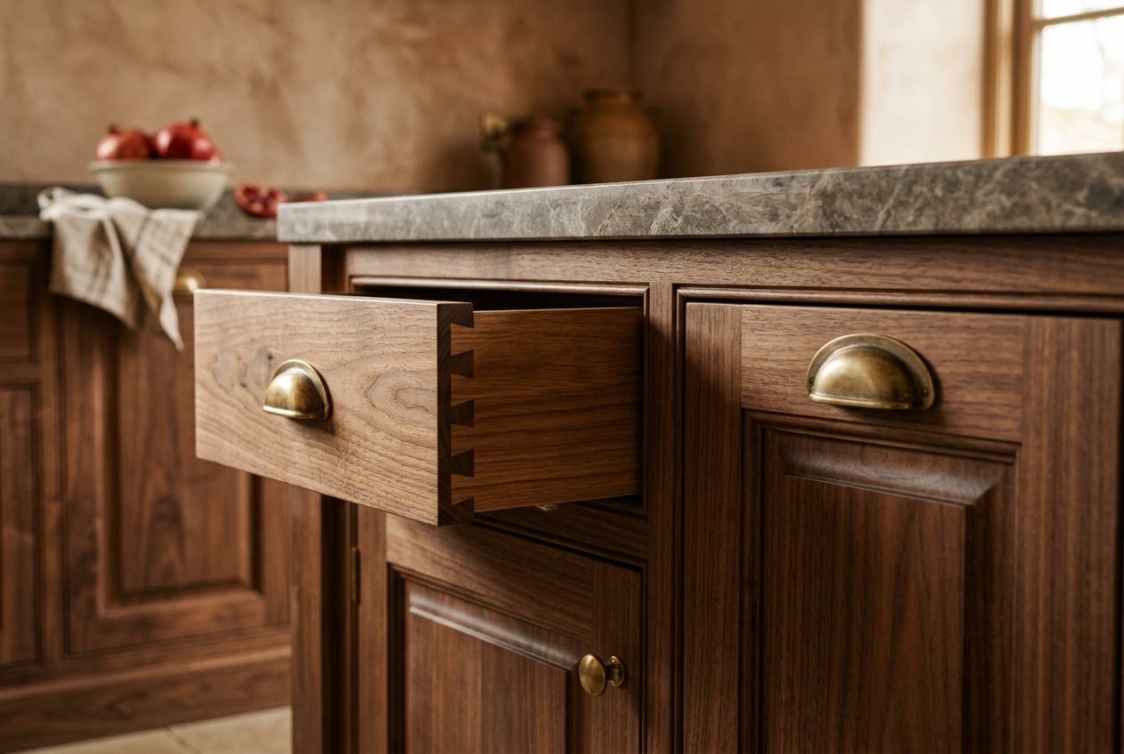 Handcrafted walnut kitchen island with brass hardware and dovetail drawers, MS Carpentry, Drogheda