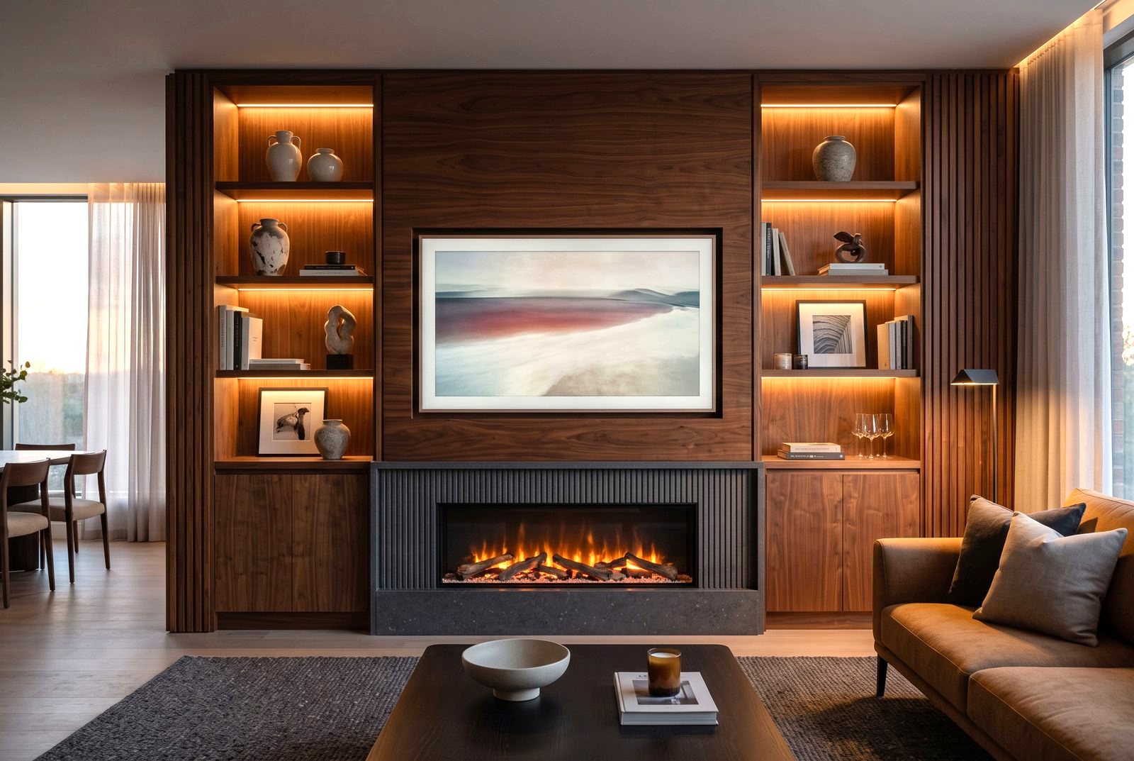 Bespoke walnut media wall with integrated shelving and electric fire, Drogheda, Co. Louth