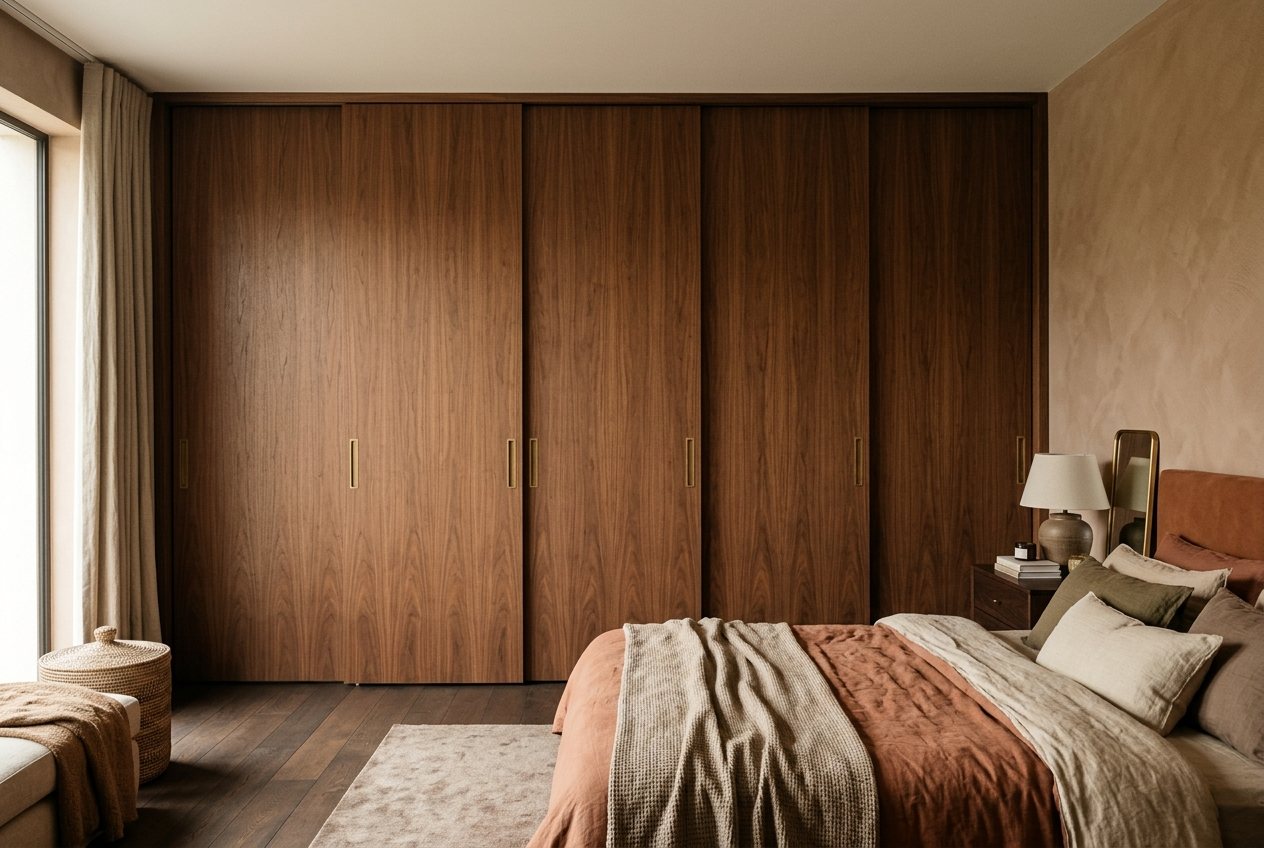 Floor-to-ceiling sliding walnut wardrobe doors with brass pulls, MS Carpentry, Drogheda