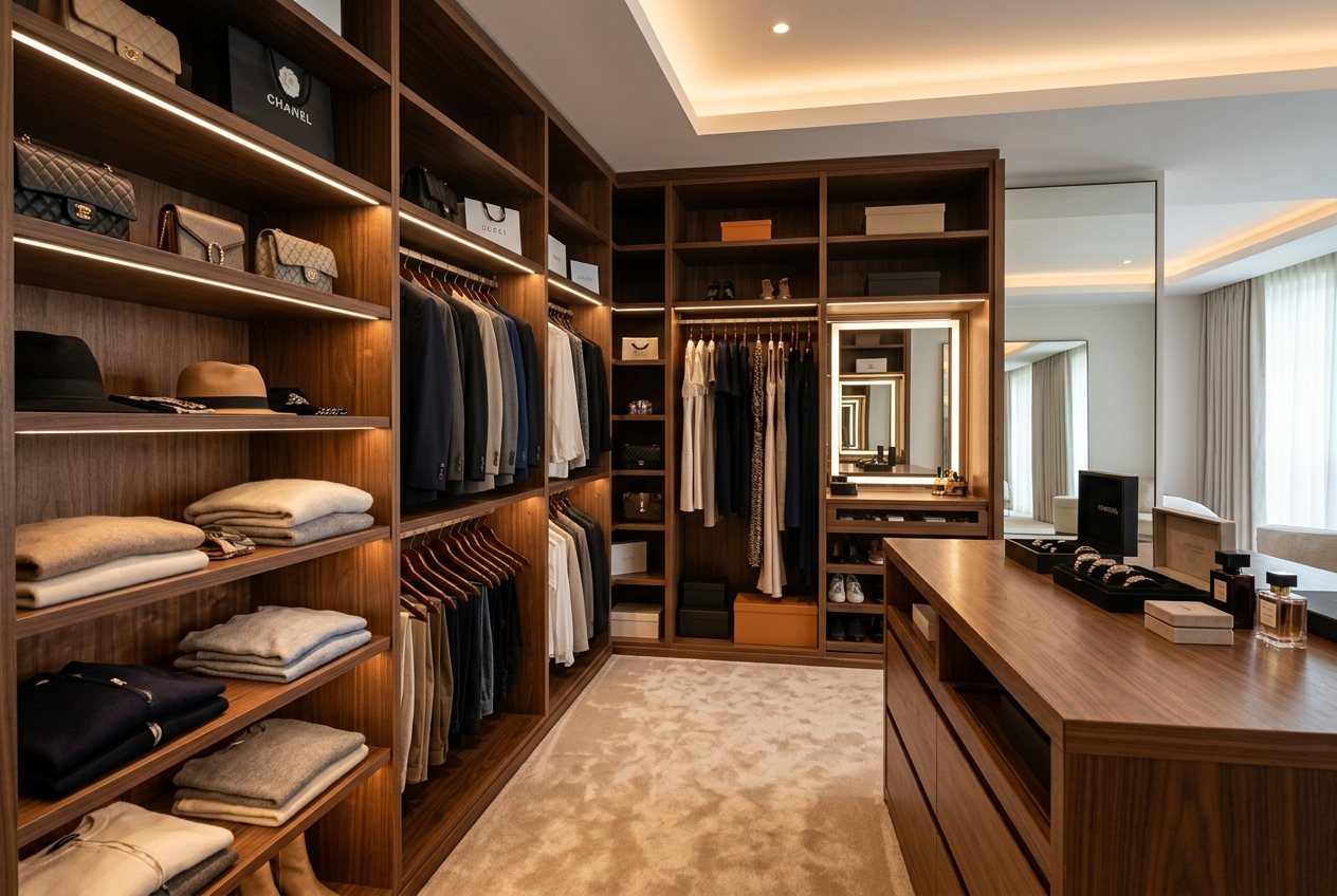 Luxurious walk-in wardrobe with open walnut shelving and integrated lighting, MS Carpentry, Drogheda