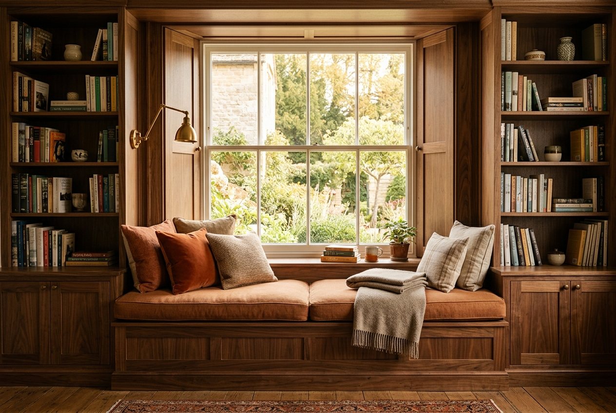 Bespoke window seat with built-in walnut joinery and storage, MS Carpentry, Drogheda