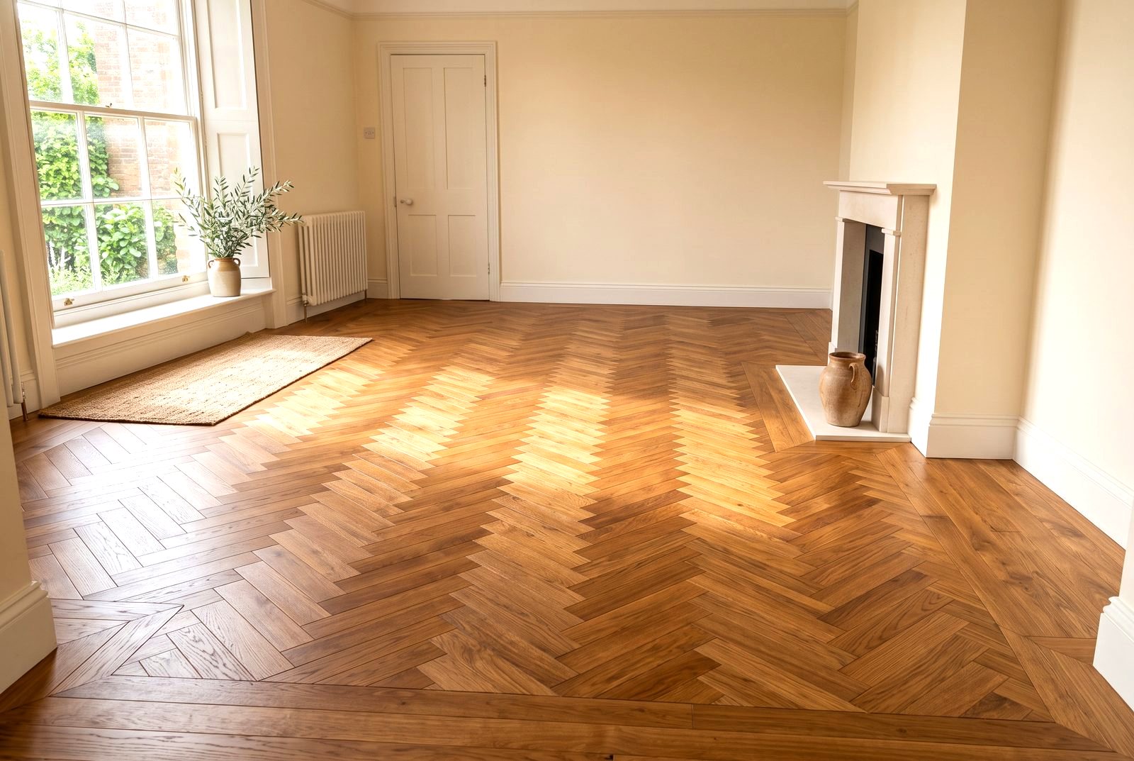 Solid oak herringbone wood flooring fitted in a living room in Drogheda, Co. Louth